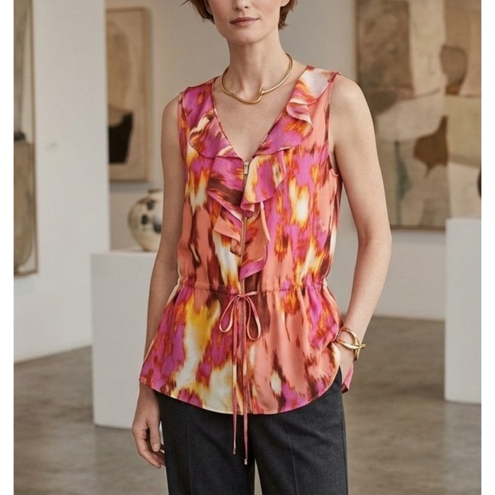 Calvin Klein L Pink Multi 100% Silk Ruffle Front Blouse‎ Sleeveless Tie Waist